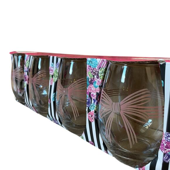 Betsey Johnson Pink Bow Stemless Wine Glasses Set of 4 Valentine's Day New - Picture 4 of 16